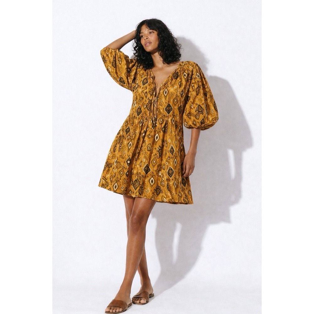 Anthropologie Sun Dried Laundry Boho Tunic Dress Mustard Ikat L Cotton